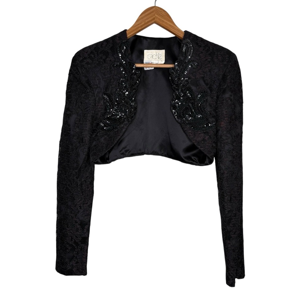 Cache Womens Bolero Cardigan 6 Black Burgundy Beaded Lace USA Vintage Formal